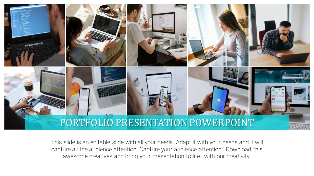 Portfolio PowerPoint slide with the title and collage of images and placeholder text.