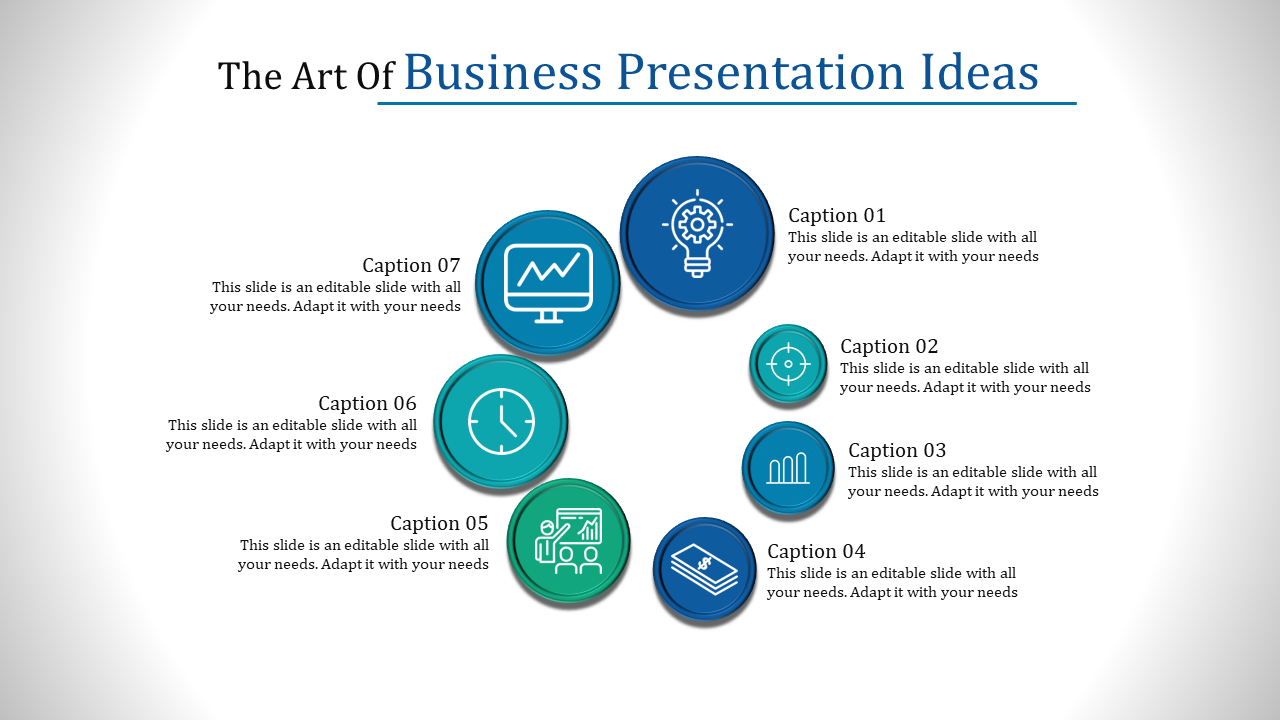 Business ideas slide with seven circular colorful icons representing various concepts and captions for text.