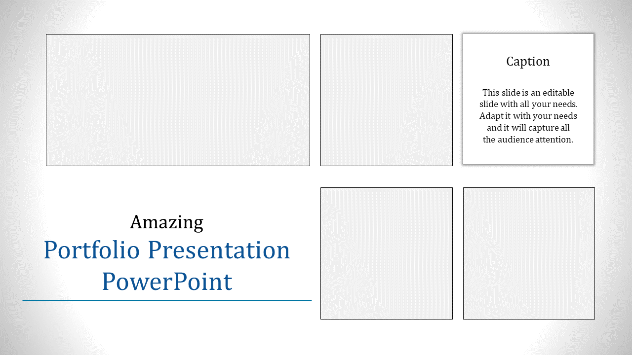 Portfolio PowerPoint presentation slide with empty spaces for images and text, featuring a caption.