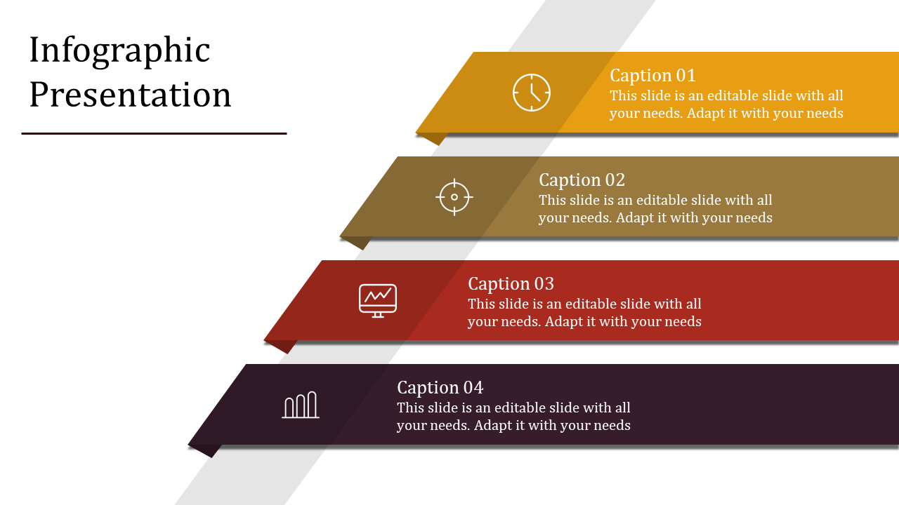 Infographic slide with four horizontal banners in yellow, brown, red, and dark purple, each with icons and captions.