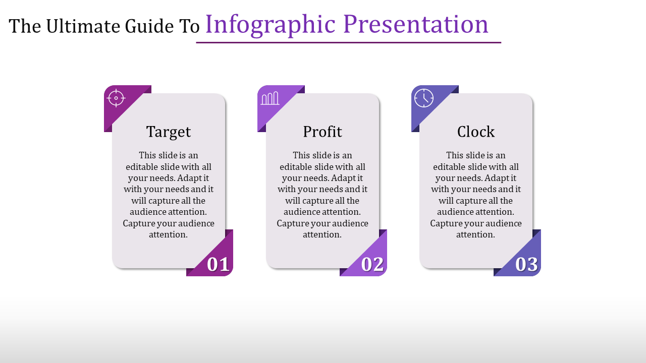 An infographic PowerPoint template with three sections focused on Target, Profit, and Clock, each with placeholder text.