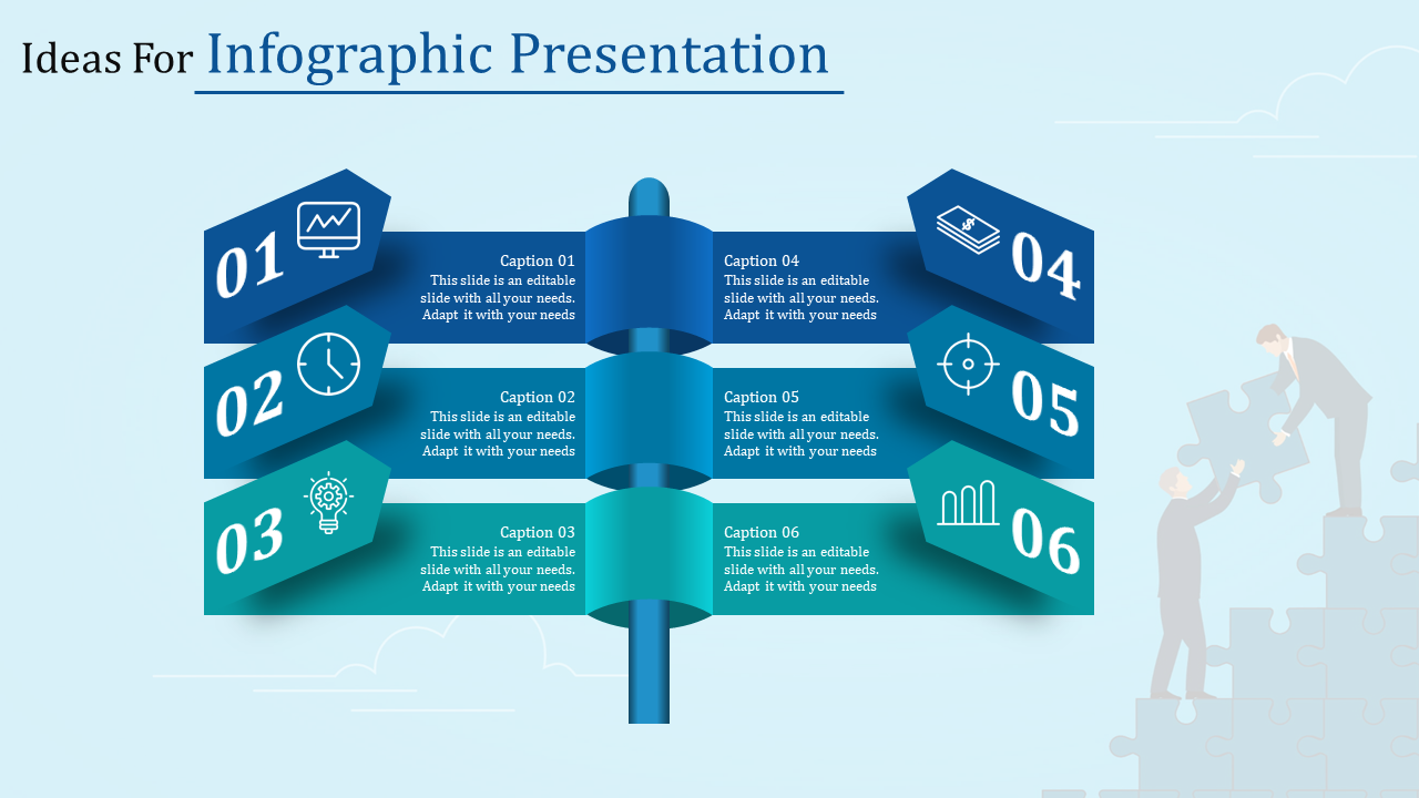 Colorful infographic slide with a vertical flow of icons and captions with placeholder text.