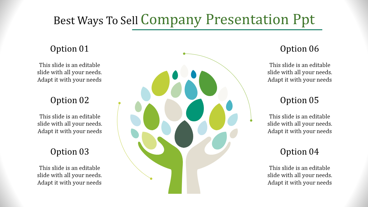 Company slide with a colorful tree-shaped graphic at the center and six labeled options around it.