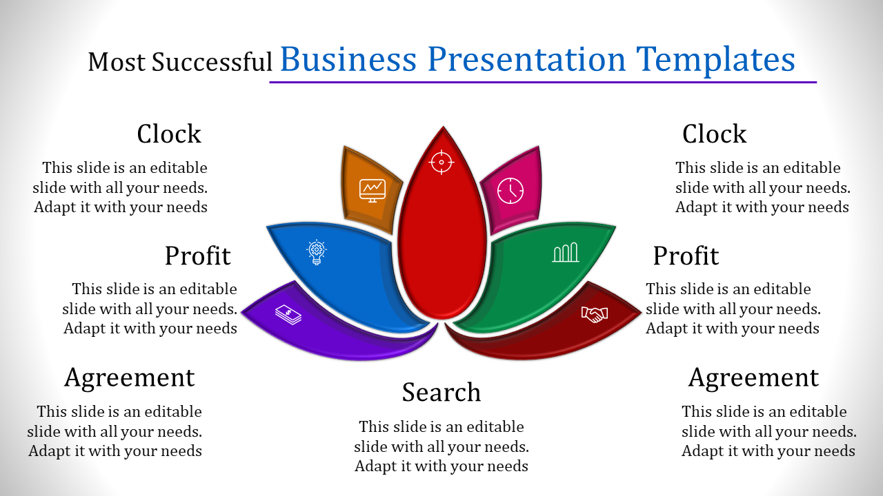 Business infographic shaped like a colorful lotus, featuring six labeled sections with icons representing business elements.