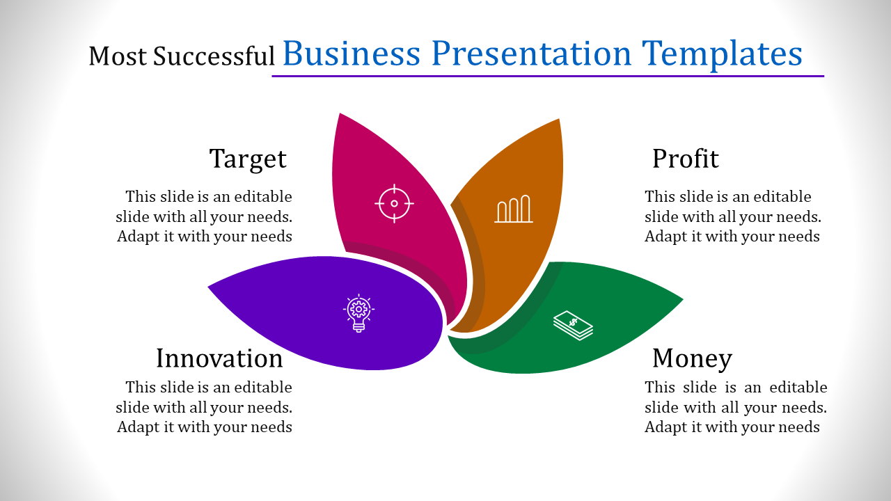 Four colorful petals in purple, red, orange, and green, each with icons and text representing business phases.