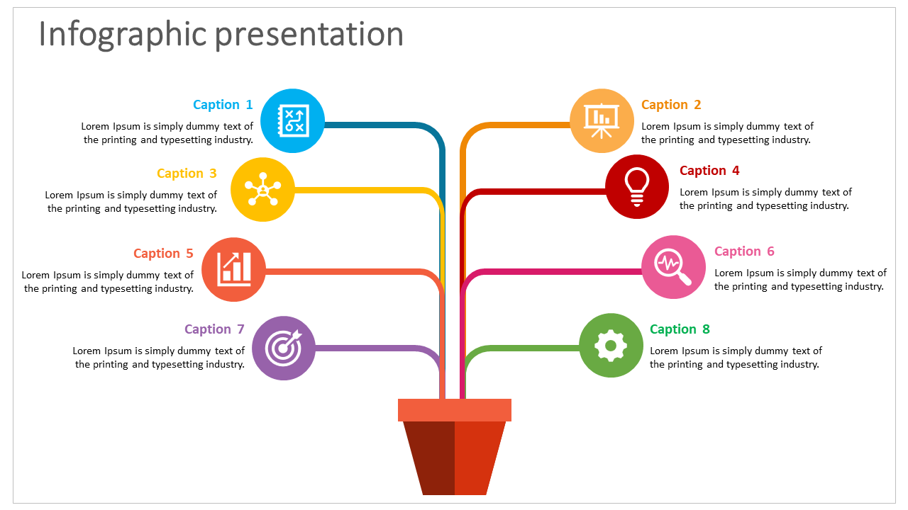 Colorful infographic presentation template with icons and captions for various business processes.