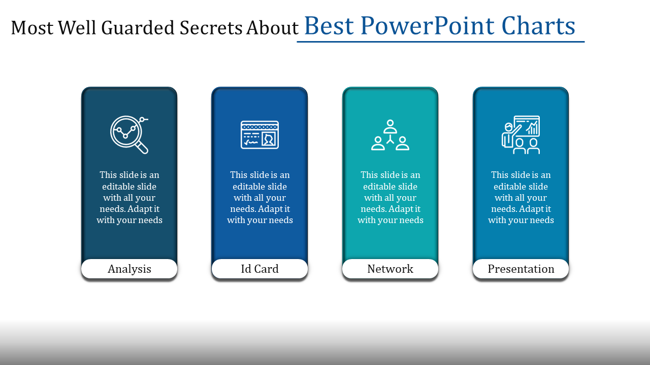 Best PowerPoint charts template with sections for analysis, ID card, network, and presentation with captions and icons.