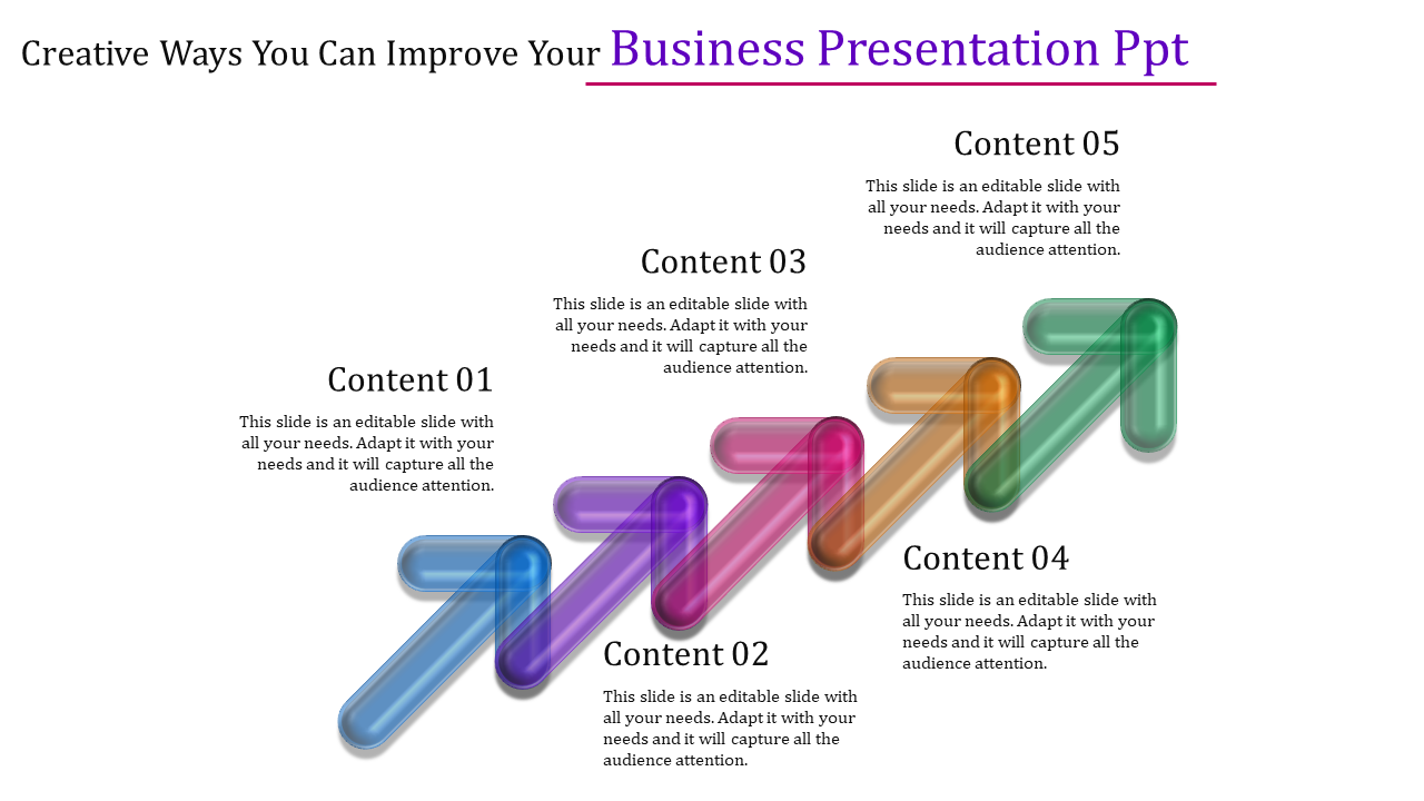 Business slide featuring five colorful arrows representing content steps in a rising order with five caption areas.