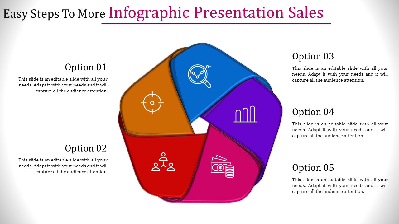 Five section infographic with colorful segments in red, orange, blue, purple, and pink, each containing unique icons.