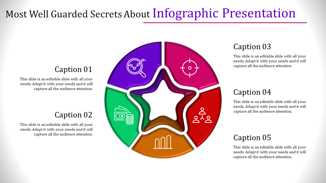 Infographic presentation template with a star shaped design and colored sections, each containing an icon and captions.