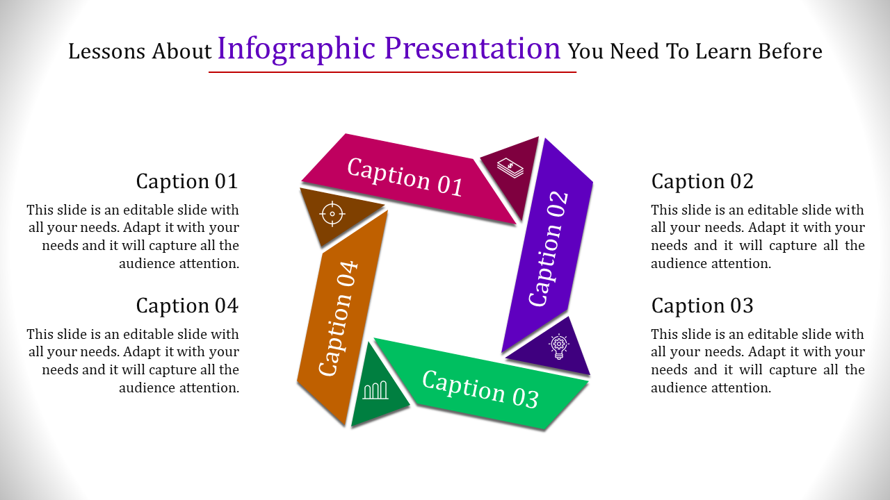 Hexagonal infographic with four colored sections in pink, purple, green, and orange, featuring icons and captions areas.