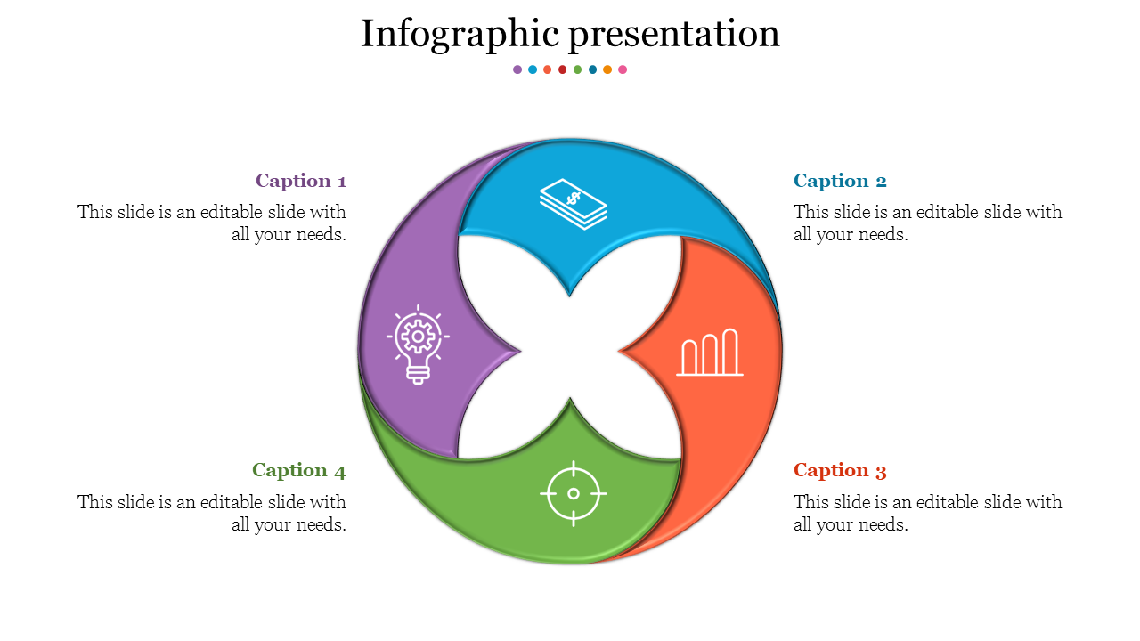 Infographic PowerPoint template with four sections for text and icons in a circular design with captions.