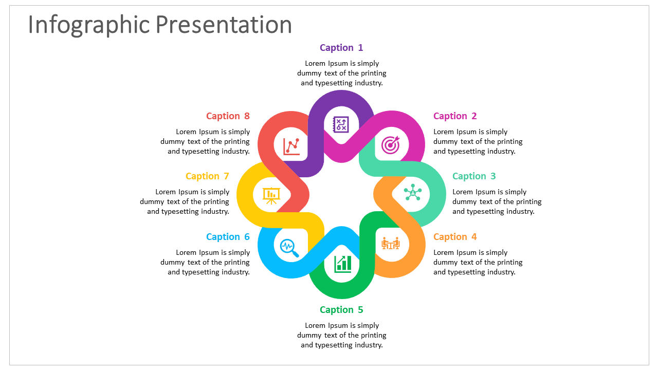 Colorful infographic slide with eight circular sections, each with icons representing different business concepts.