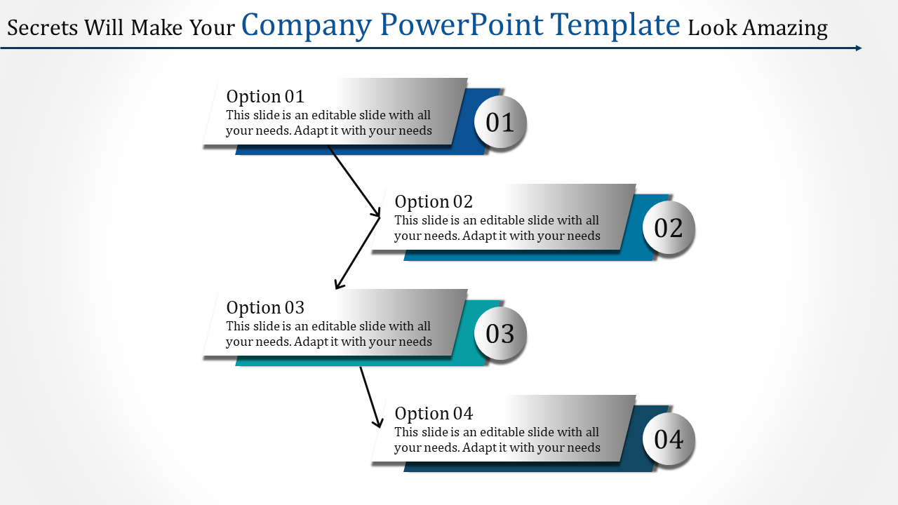 Company template infographic with sequential steps labeled 01 to 04, gray gradient banners, and connecting arrows.