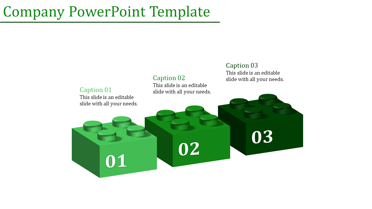 Three green 3D company blocks transitioning from light to dark shades, numbered 01 to 03, with captions placed above each.