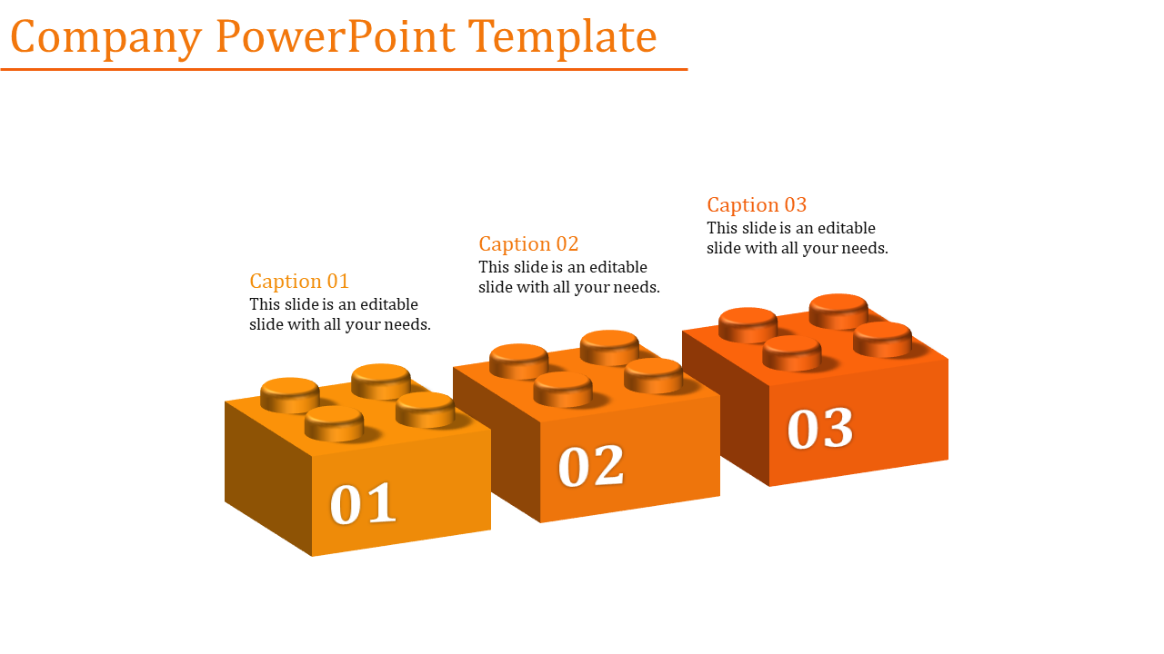 Horizontal layout of three orange 3D blocks with numbers 01, 02, and 03, and corresponding captions on a white slide.