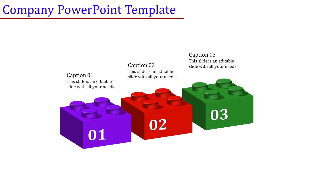 Company PowerPoint template featuring three 3D Lego blocks in purple, red, and green, each with a numbered label.