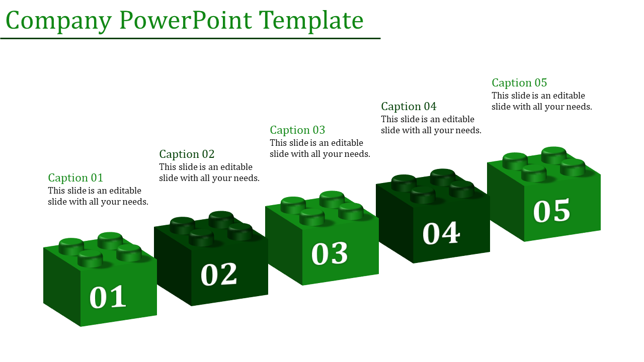 PowerPoint template featuring five green Lego blocks, each labeled with a number and a caption.