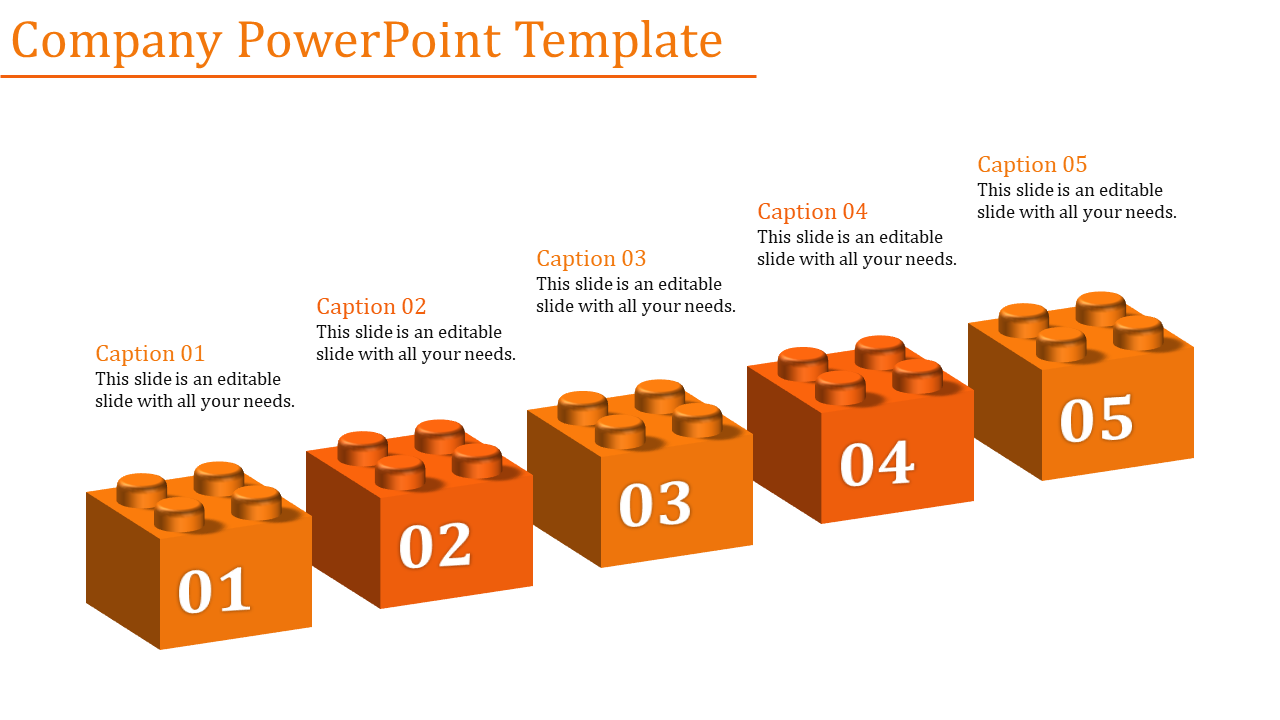 Five orange 3D blocks arranged in a rising sequence, numbered 01 to 05, with captions placed above each block.