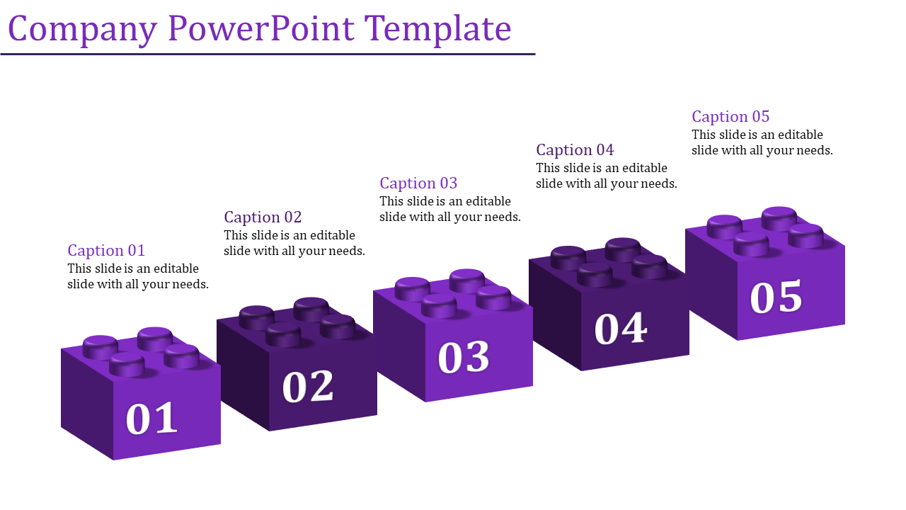 Purple 3D blocks resembling building bricks, numbered 01 to 05, arranged in a step layout with captions above.