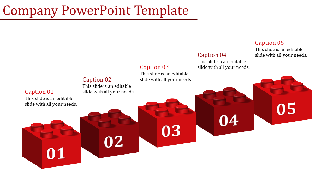 Company PowerPoint template with five red Lego blocks, each labeled with a number and a caption.