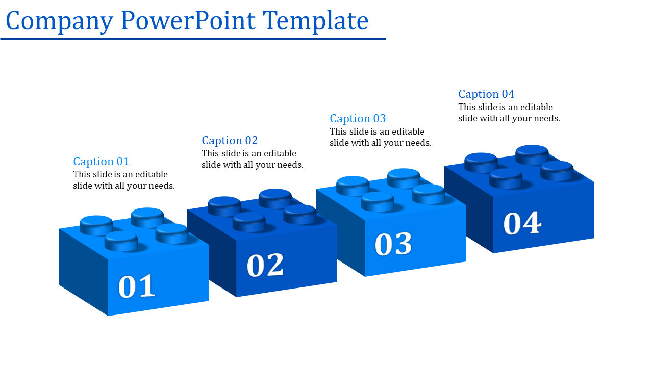 Four blue building blocks arranged sequentially for step process, each labeled with a number and caption areas.