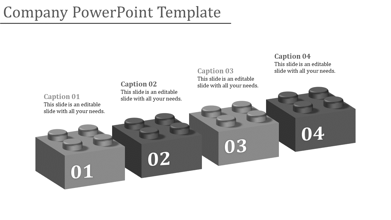 Grayscale company infographic with four ascending blocks numbered 01 to 04, representing steps or stages.