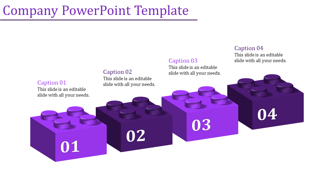 Gradient purple blocks numbered 01 to 04 in a horizontal arrangement with editable captions above.