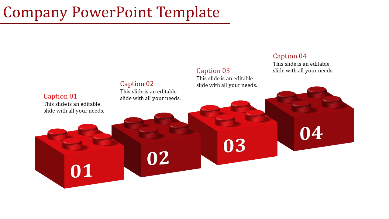 Four red 3D blocks numbered 01 to 04, arranged in a row with captions above each, on a white background.