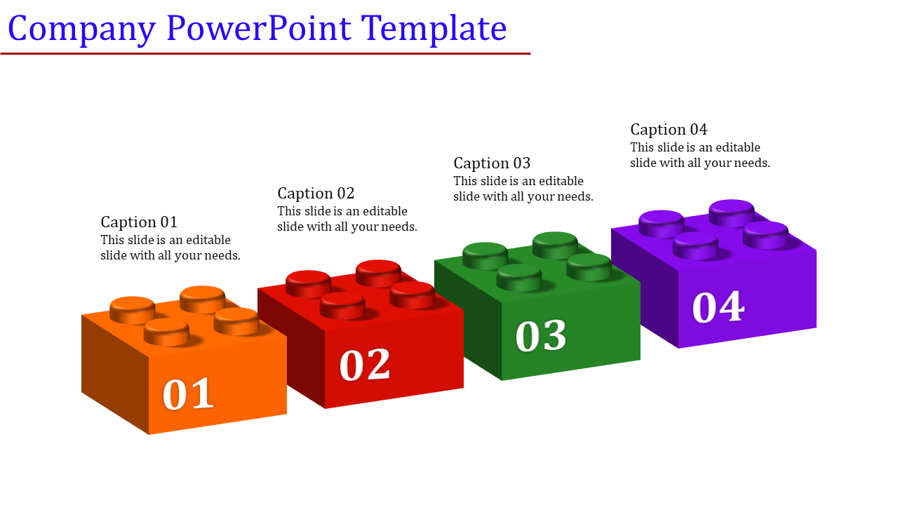 Company slide featuring four stacked blocks in orange, red, green, and purple with numbers 01 to 04 in a white backdrop.