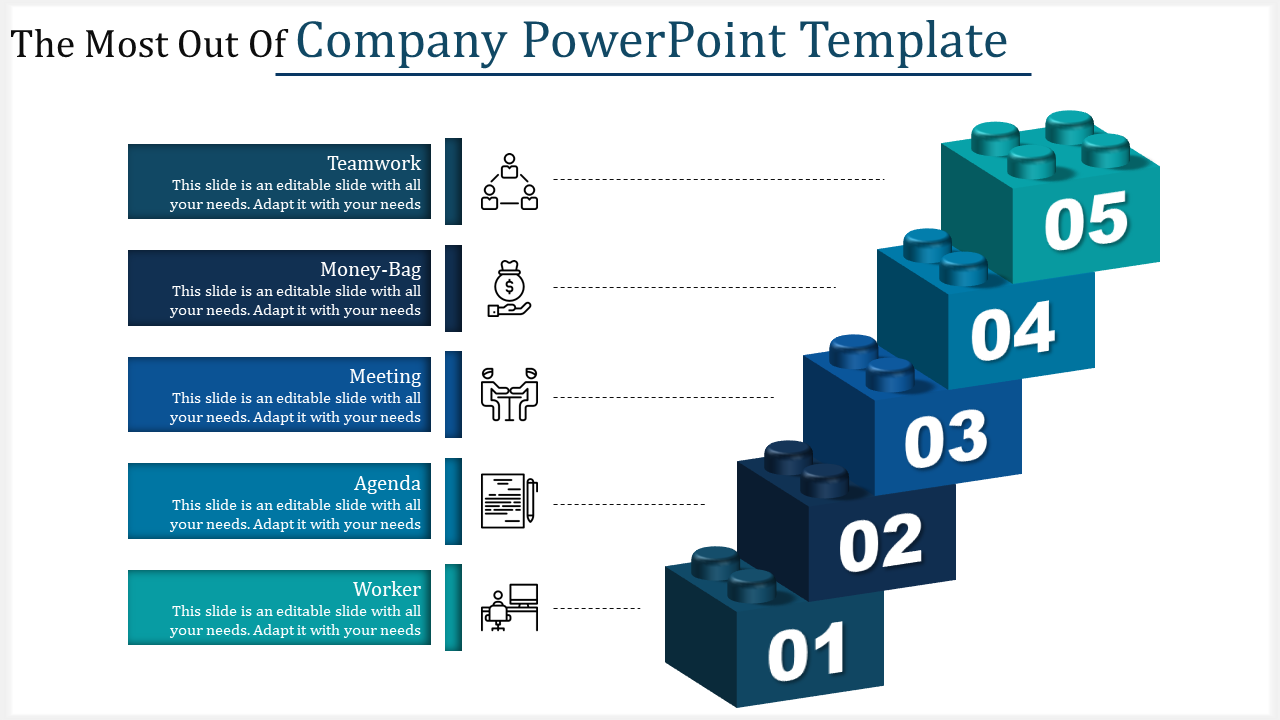 Company template with a staircase made of five numbered building blocks, each representing a stage from worker to teamwork.