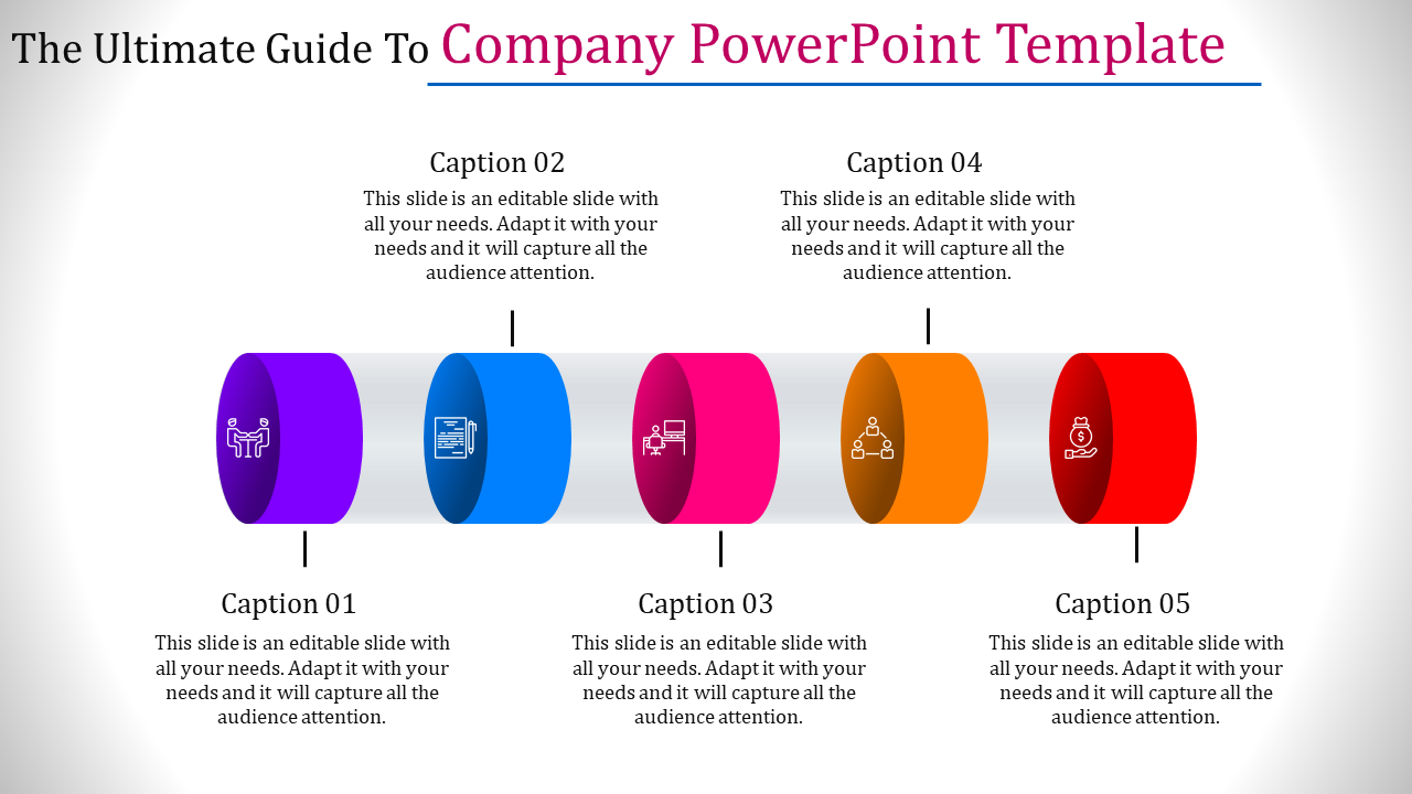 Company PowerPoint template showcasing sections for business, finance, and team management with vibrant colors and icons.