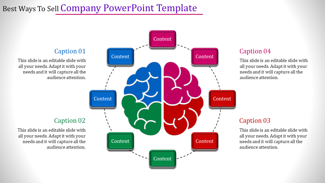 Slide with a colorful brain illustration divided into four sections, surrounded by eight content boxes and captions.