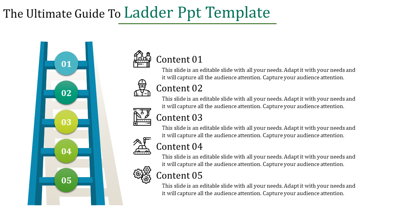 A blue ladder with five numbered circles in green tones, alongside text sections with icons.