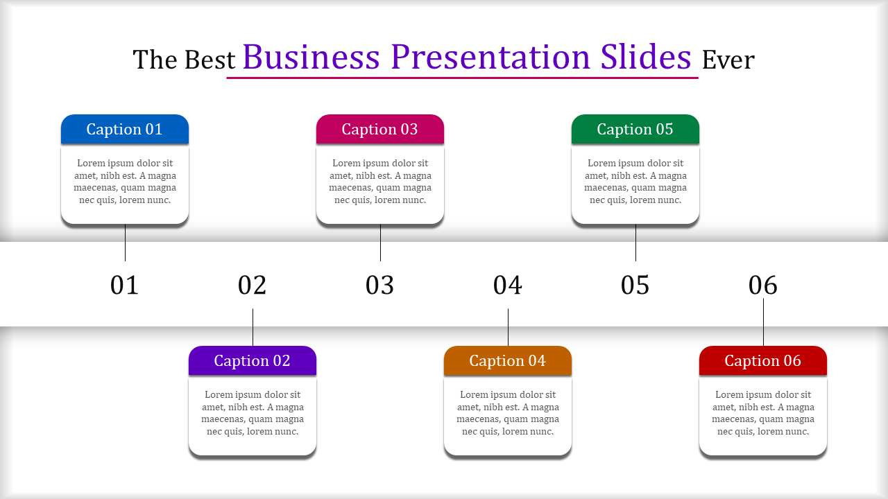 Business presentation slide with six steps, each featuring a caption and number from 01 to 06 in colorful boxes.