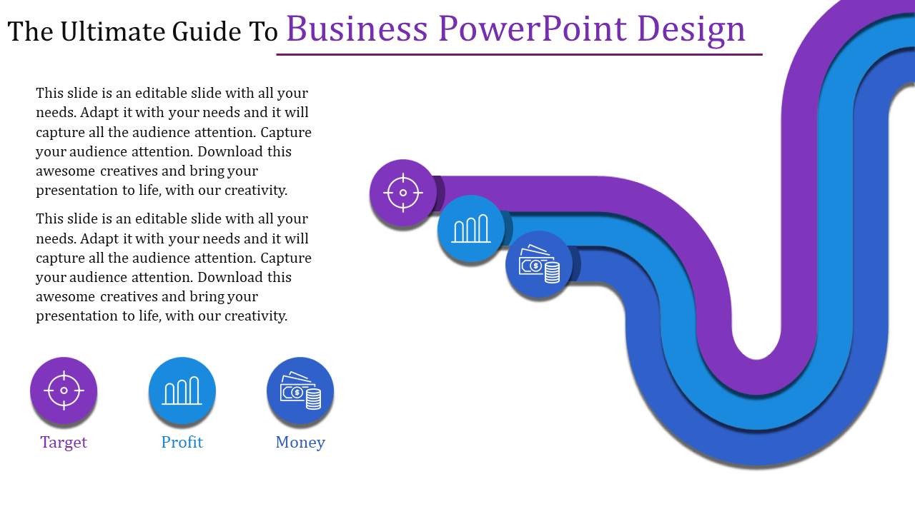 PowerPoint slide with flowing colorful arrows and icons for target, profit, and money with placeholder text.