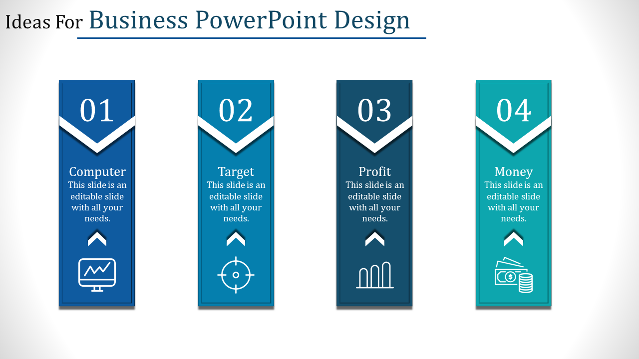 Four vertical banners in blue and teal, numbered 01 to 04, with icons for computer, target, profit, and money.