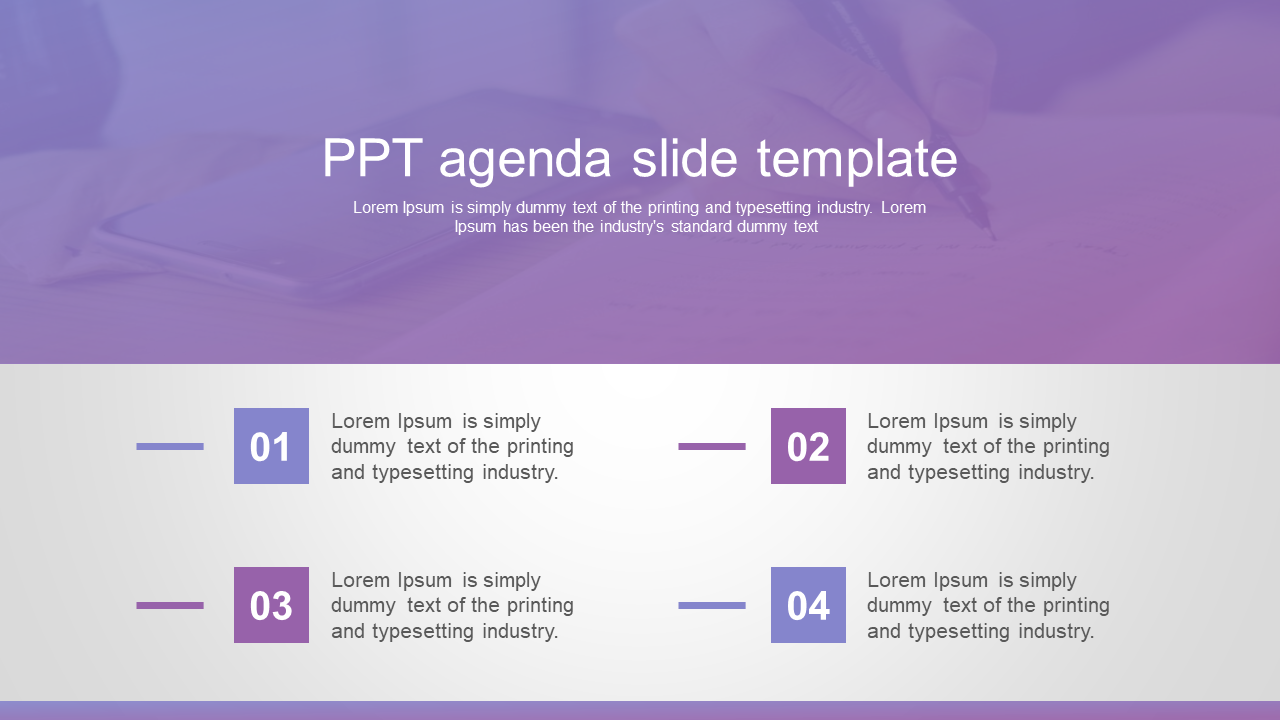 Agenda slide with a gradient purple background and four numbered sections in blue and pink boxes below.