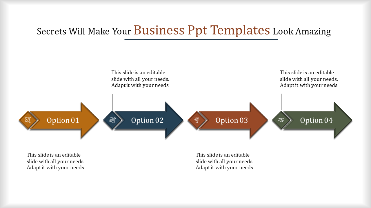 Business PowerPoint slide with four options represented by arrows, each with a corresponding icon and brief description.