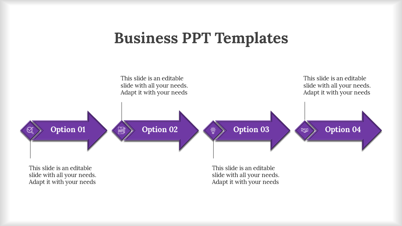 Business template showing a step-by-step flow with four arrows in sequence, each labeled with a caption areas.