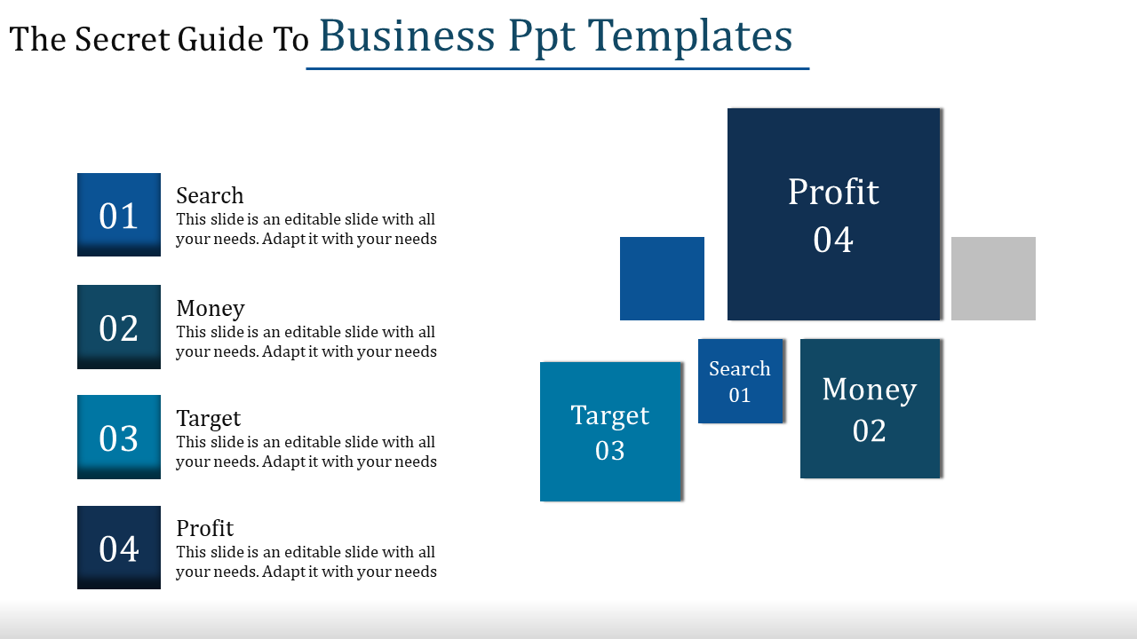 Four business concepts shown in numbered blue squares, aligned with placeholder text areas blocks.