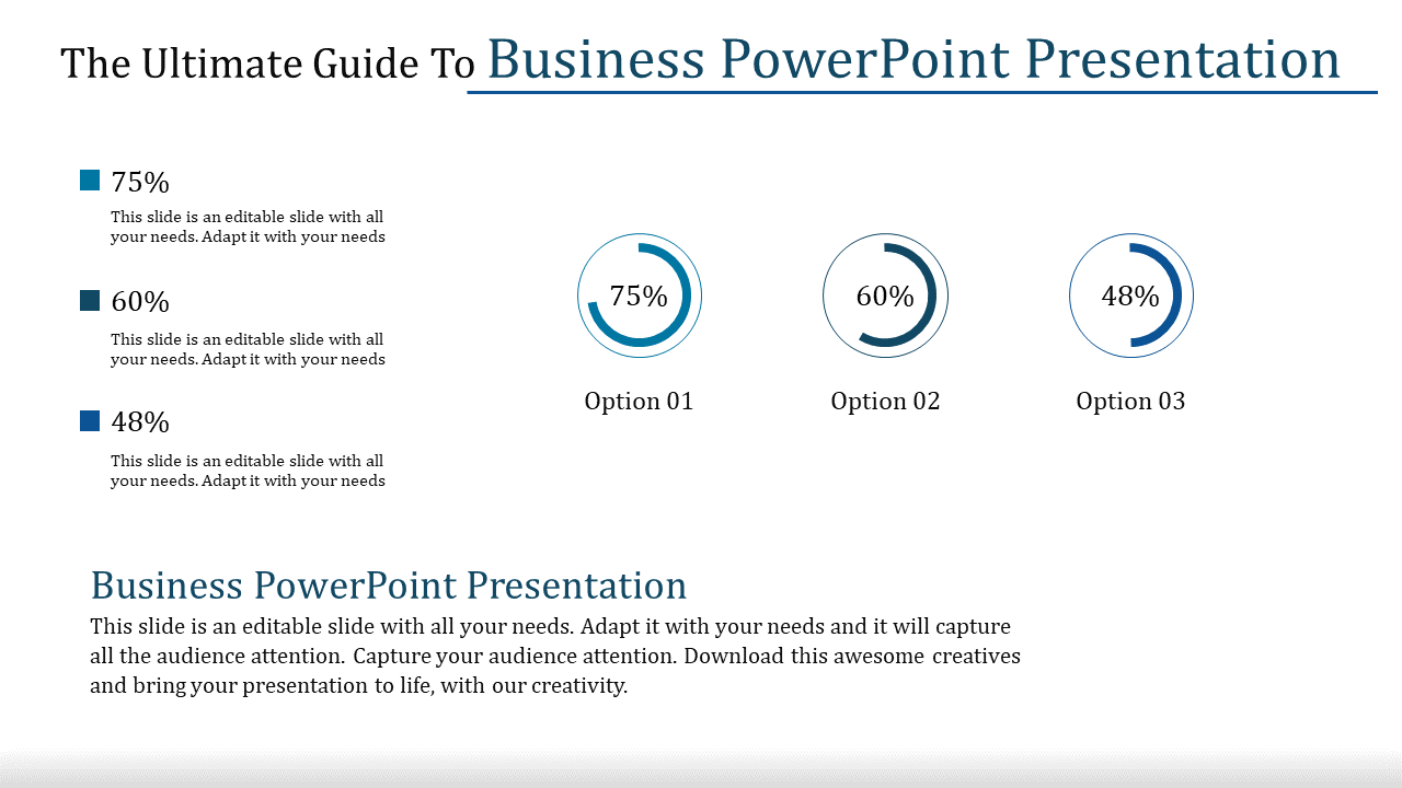 Slide layout featuring three percentage indicators in circular diagrams with text explaining business values.