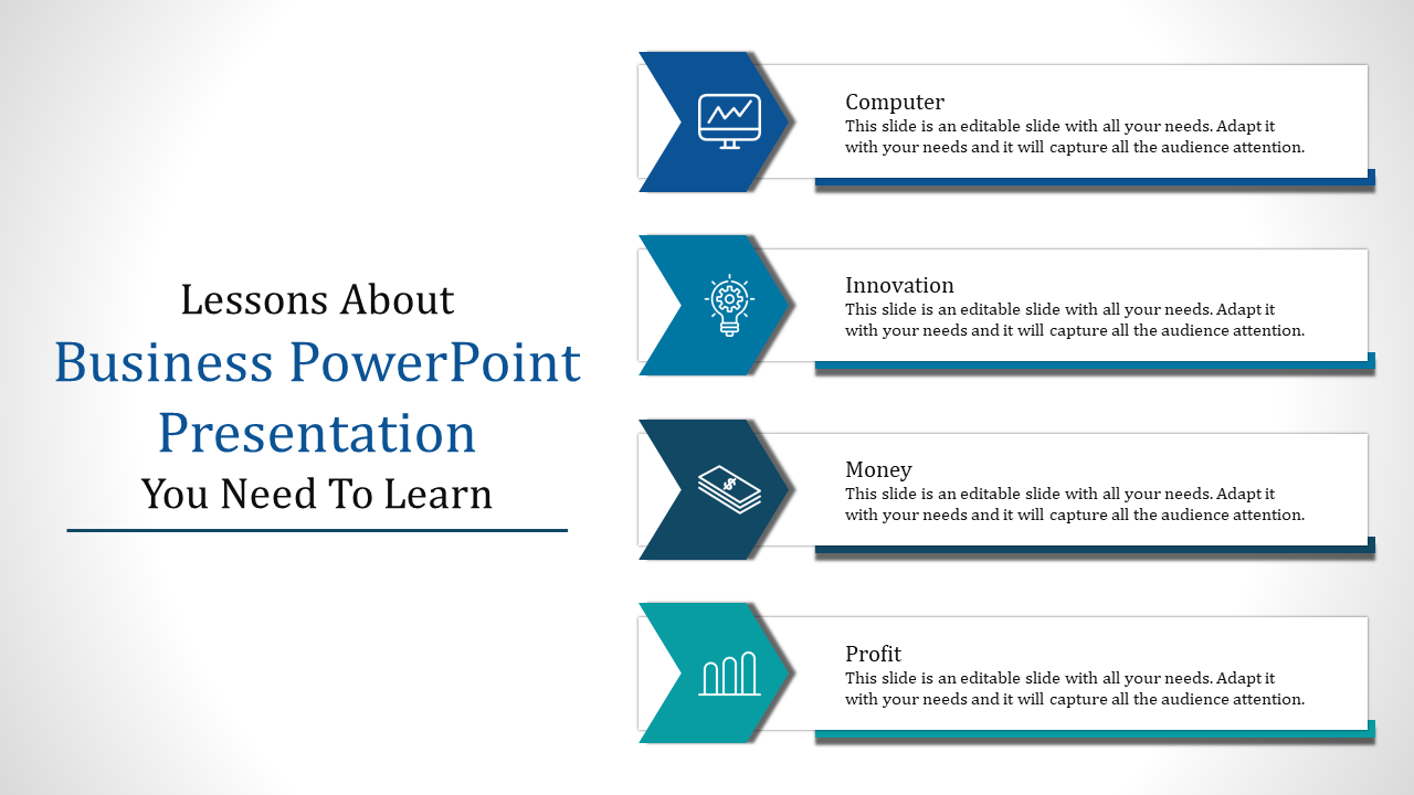 Business layout with four blue arrow segments, featuring icons for computer, innovation lightbulb, money stack, and bar graph.