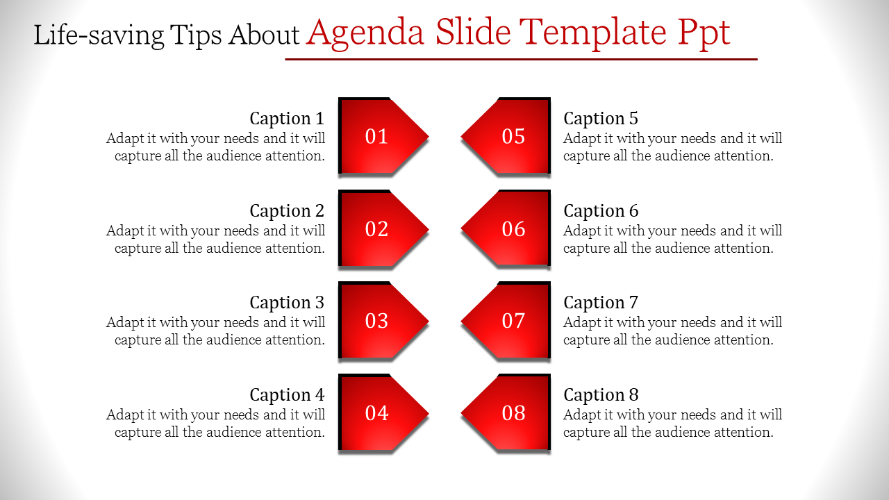 Colorful agenda slide with numbered sections and text placeholders for each point.