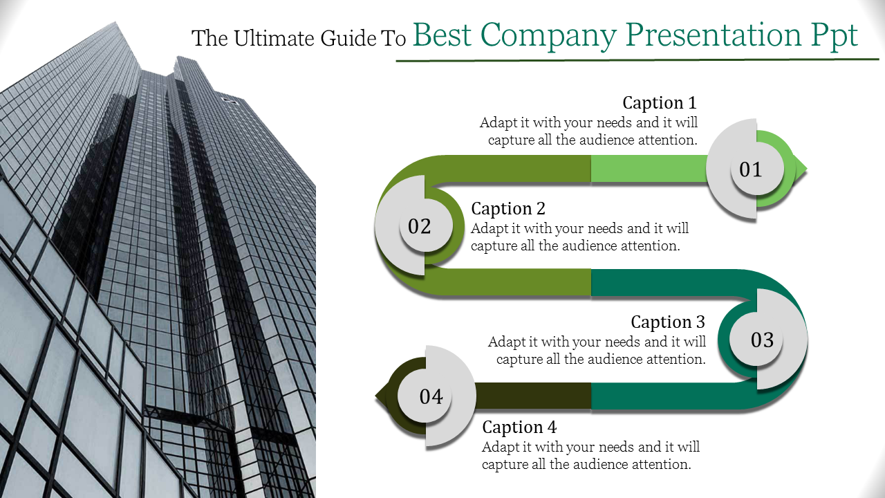 Company slide with a tall skyscraper on the left and four numbered captions with circular icons connected by green arrows.