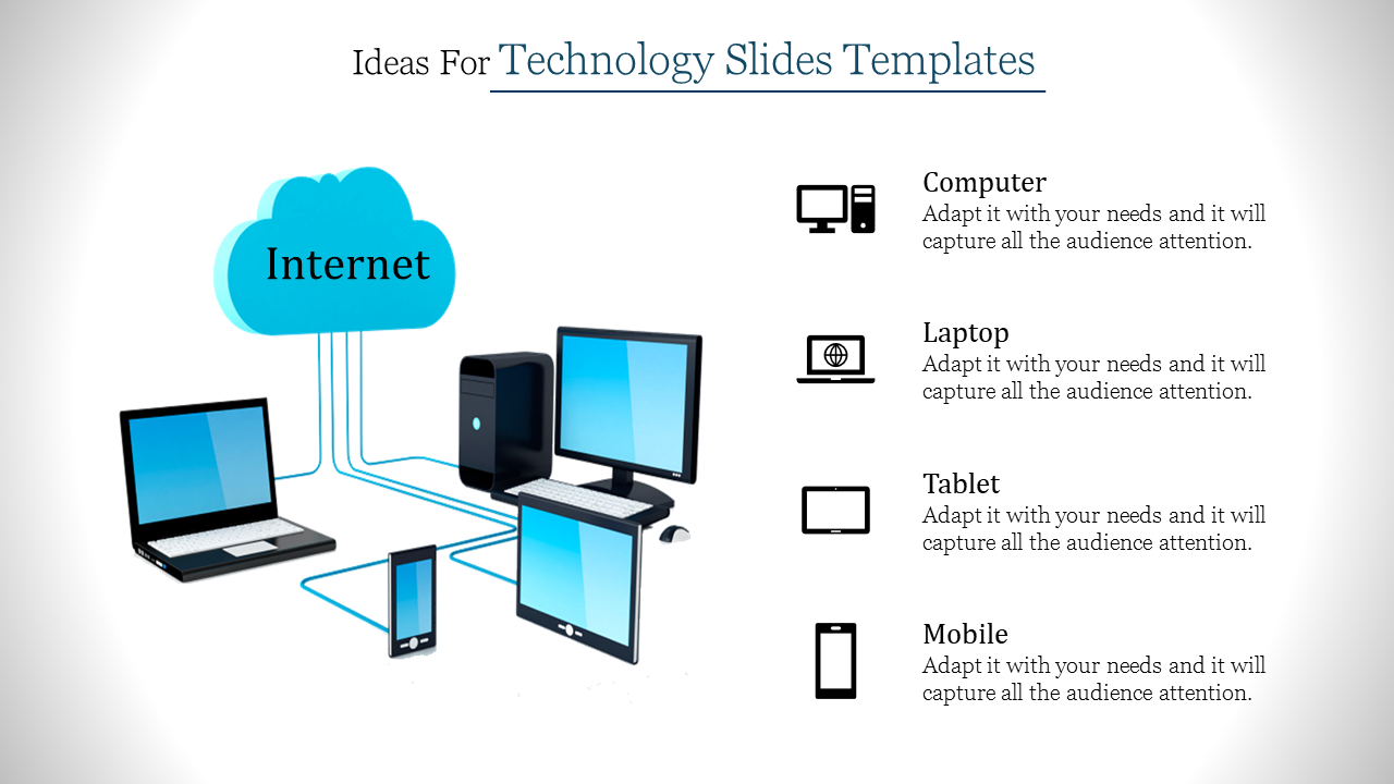 Technology PPT slide with cloud symbol and icons for computer, laptop, tablet, and mobile connected to the internet.