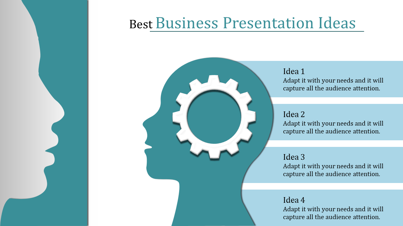 Business layout with a teal head and gear graphic on the left, and four horizontal blue boxes with ideas listed.