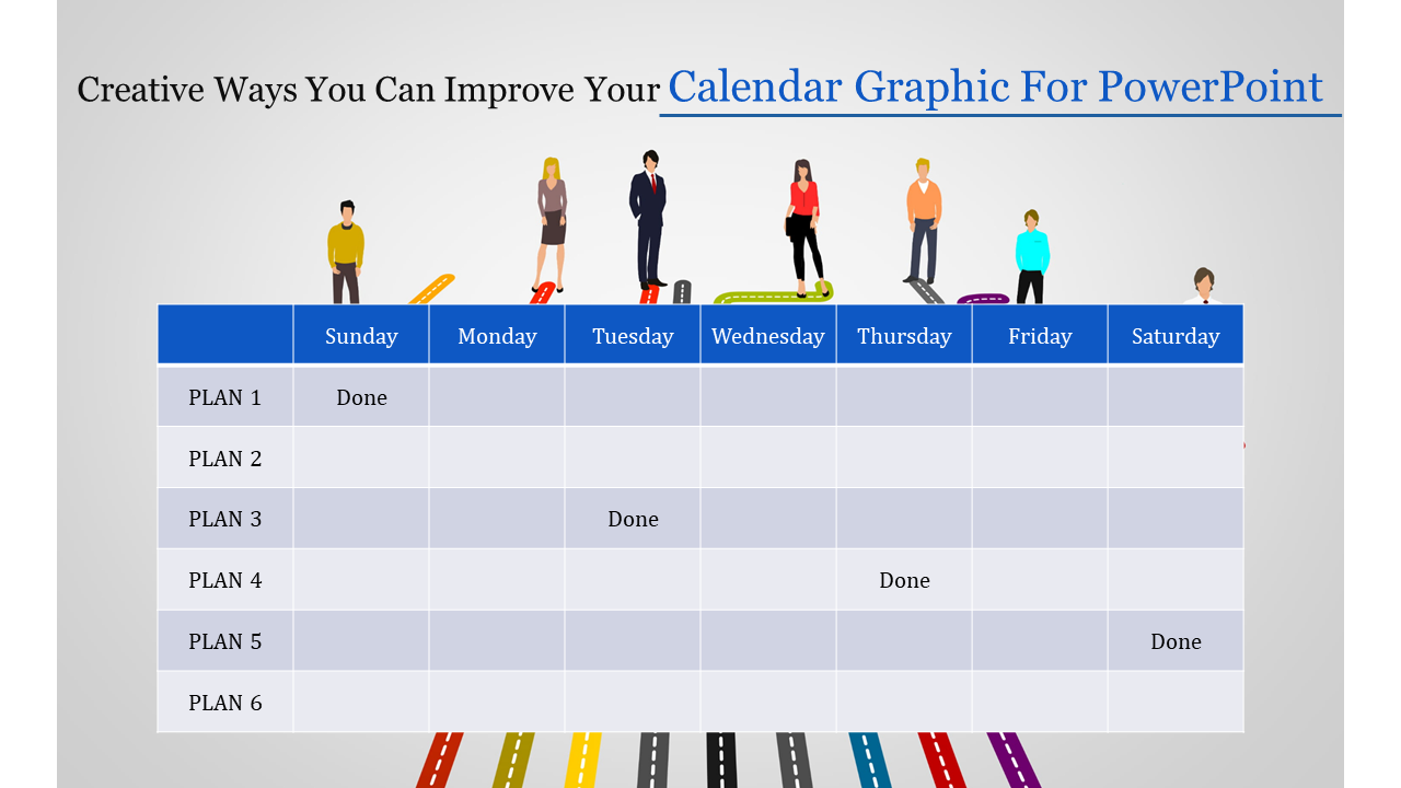 A PowerPoint slide with a calendar template featuring plans for each day of the week and people walking along a road.