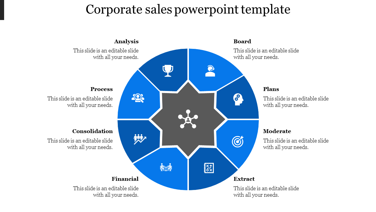 Corporate sales PPT template with eight blue icons in a circular model each representing a different business element.