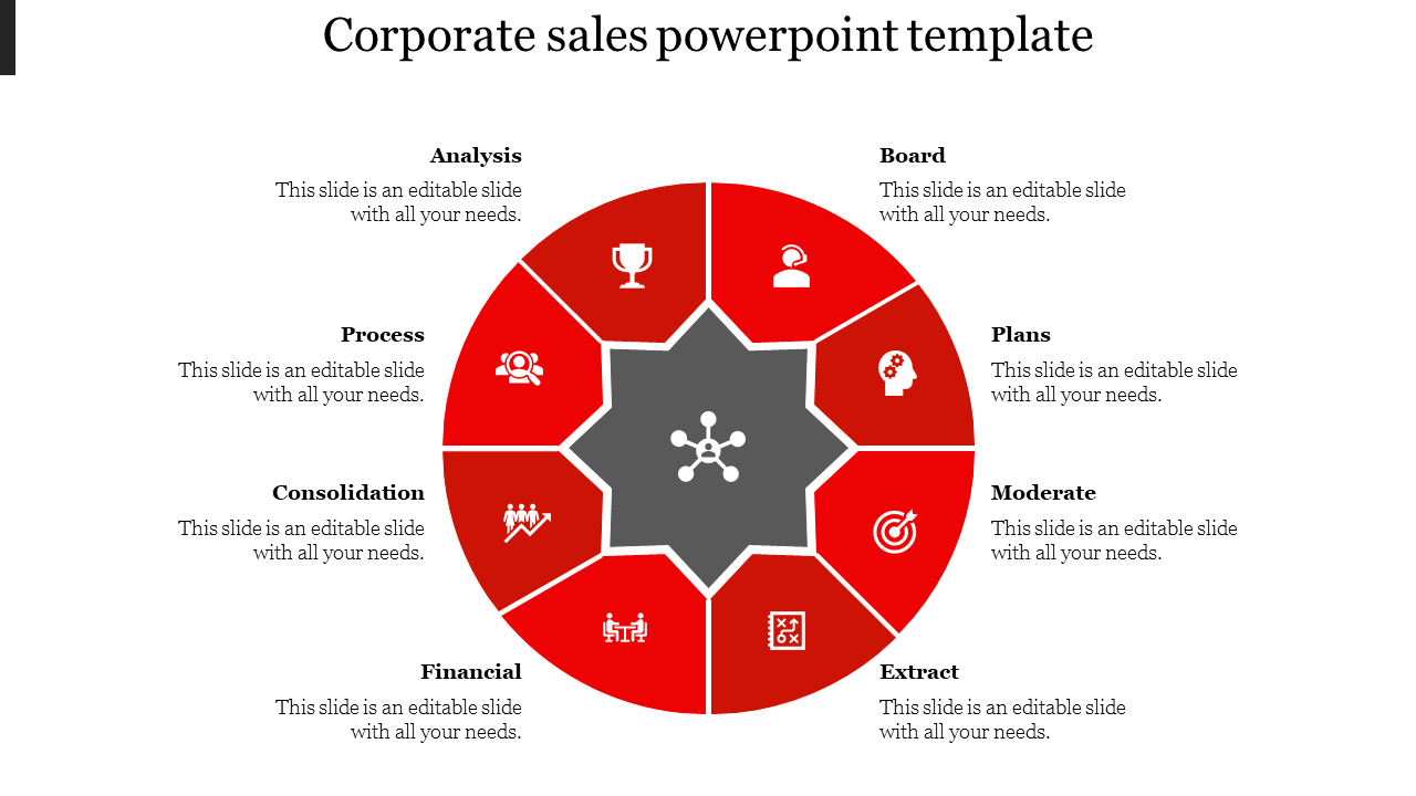 Corporate sales template featuring a central hub icon, with eight surrounding segments displaying different aspects.